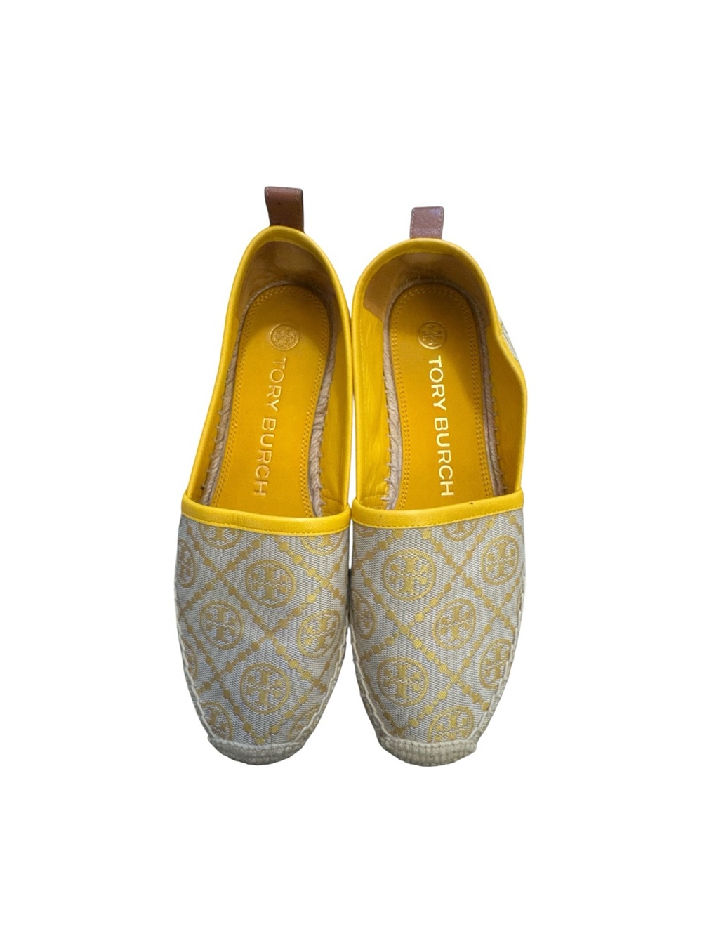 Tory Burch Yellow Trim Logo Jacquard Espadrilles Size 6.5 Lux Beachy Flat Shoes
